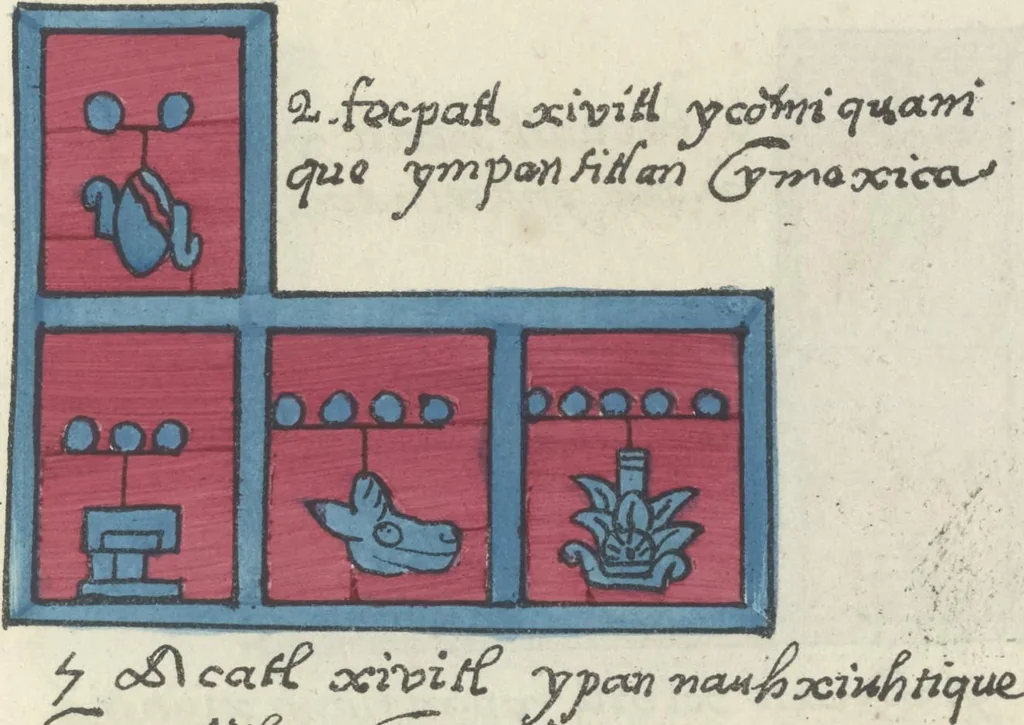 An illustration from Histoire de la nation Mexicaine, depuis le départ d'Aztlan jusqu'à l'arrivée des conquérants espanols (et au delà 1607) : manuscrit figuratif acompagné de texte en langue Nahuatl ou Mexicaine suivi d'une traduction en français, 1893, leaf 40