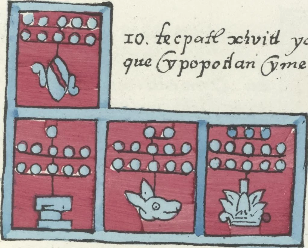 An illustration from Histoire de la nation Mexicaine, depuis le départ d'Aztlan jusqu'à l'arrivée des conquérants espanols (et au delà 1607) : manuscrit figuratif acompagné de texte en langue Nahuatl ou Mexicaine suivi d'une traduction en français, 1893, leaf 42