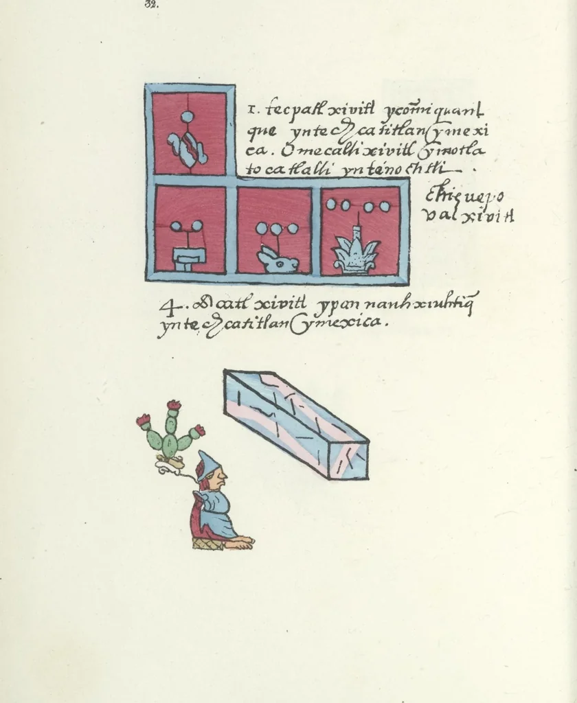 An illustration from Histoire de la nation Mexicaine, depuis le départ d'Aztlan jusqu'à l'arrivée des conquérants espanols (et au delà 1607) : manuscrit figuratif acompagné de texte en langue Nahuatl ou Mexicaine suivi d'une traduction en français, 1893, leaf 43