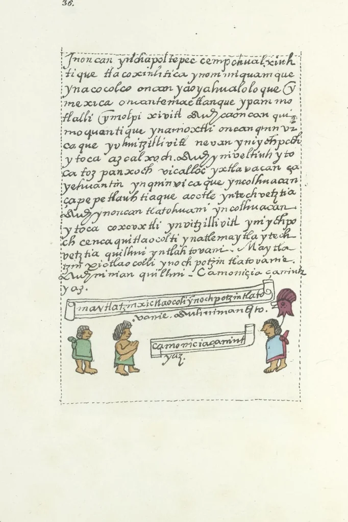 An illustration from Histoire de la nation Mexicaine, depuis le départ d'Aztlan jusqu'à l'arrivée des conquérants espanols (et au delà 1607) : manuscrit figuratif acompagné de texte en langue Nahuatl ou Mexicaine suivi d'une traduction en français, 1893, leaf 47