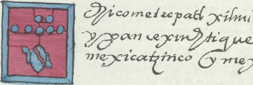 An illustration from Histoire de la nation Mexicaine, depuis le départ d'Aztlan jusqu'à l'arrivée des conquérants espanols (et au delà 1607) : manuscrit figuratif acompagné de texte en langue Nahuatl ou Mexicaine suivi d'une traduction en français, 1893, leaf 53