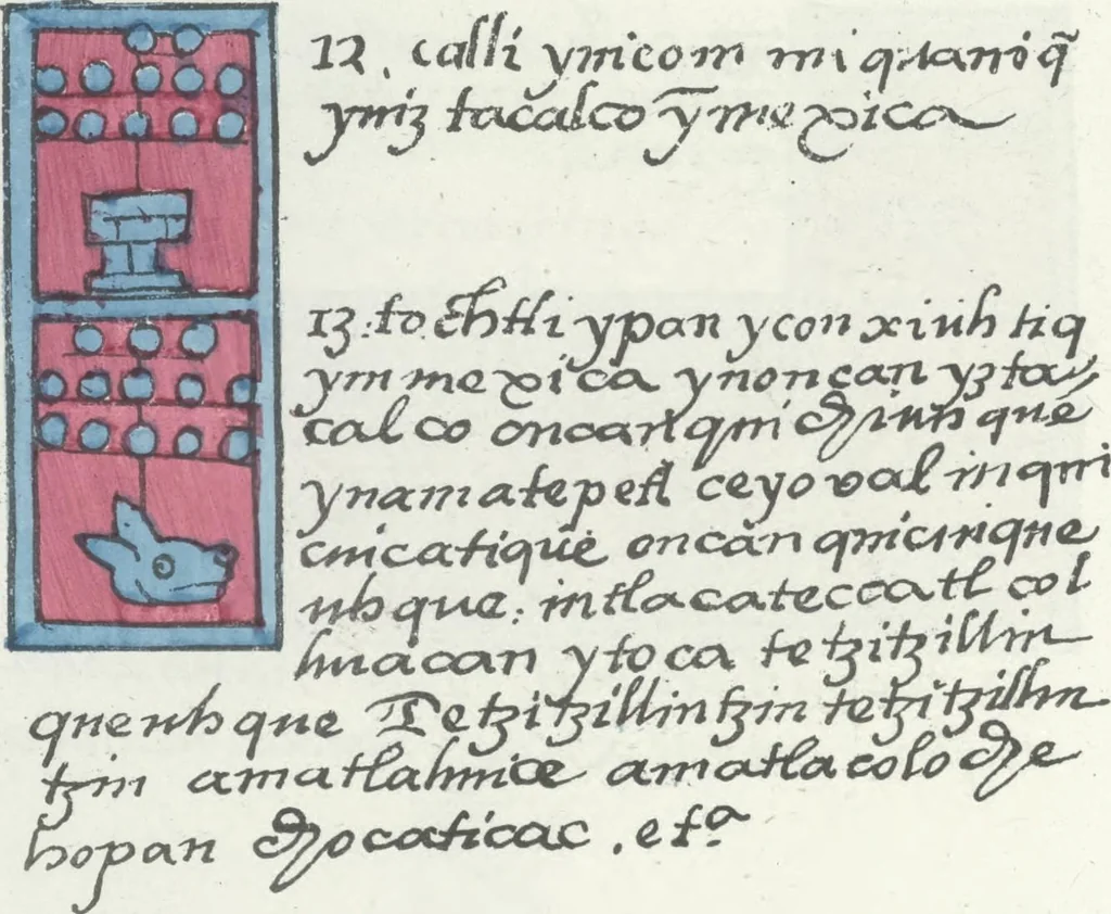 An illustration from Histoire de la nation Mexicaine, depuis le départ d'Aztlan jusqu'à l'arrivée des conquérants espanols (et au delà 1607) : manuscrit figuratif acompagné de texte en langue Nahuatl ou Mexicaine suivi d'une traduction en français, 1893, leaf 55
