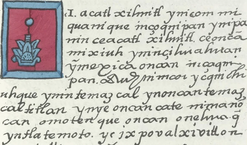 An illustration from Histoire de la nation Mexicaine, depuis le départ d'Aztlan jusqu'à l'arrivée des conquérants espanols (et au delà 1607) : manuscrit figuratif acompagné de texte en langue Nahuatl ou Mexicaine suivi d'une traduction en français, 1893, leaf 56