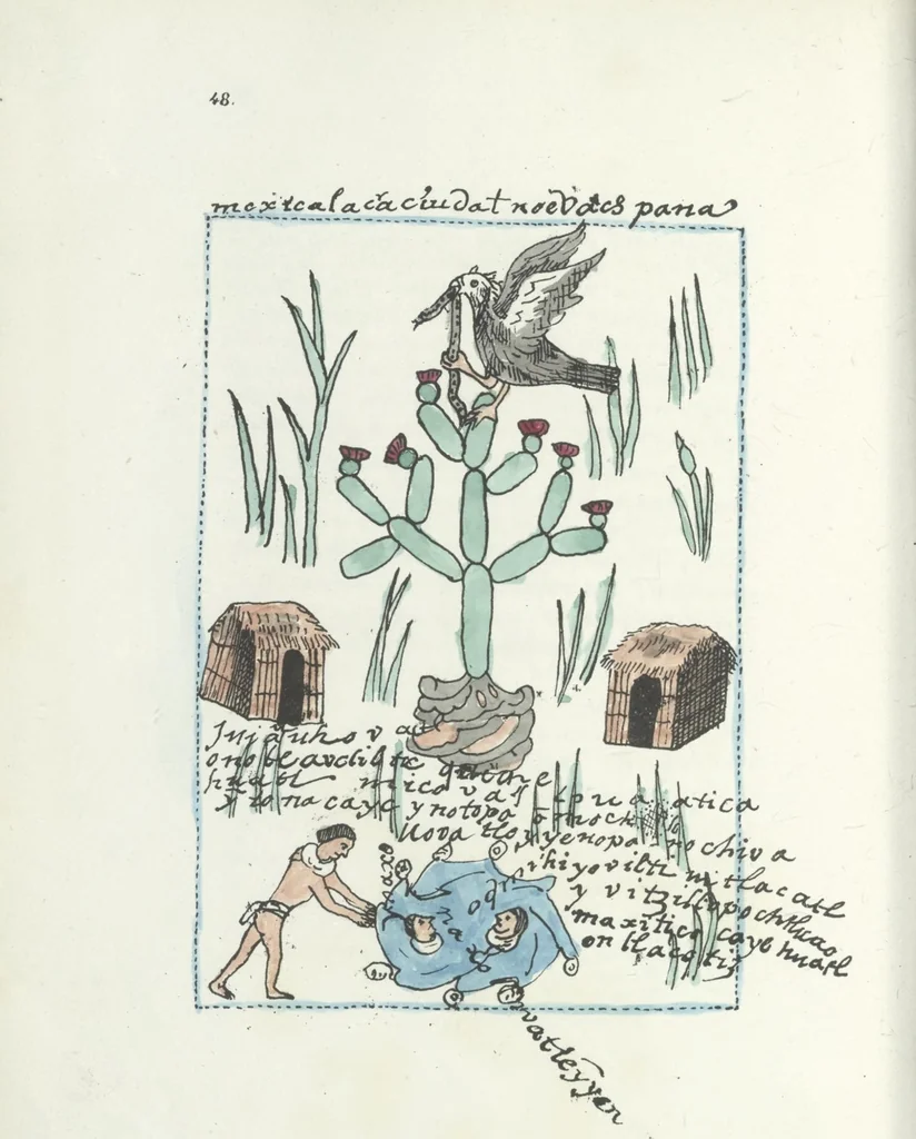 An illustration from Histoire de la nation Mexicaine, depuis le départ d'Aztlan jusqu'à l'arrivée des conquérants espanols (et au delà 1607) : manuscrit figuratif acompagné de texte en langue Nahuatl ou Mexicaine suivi d'une traduction en français, 1893, leaf 59