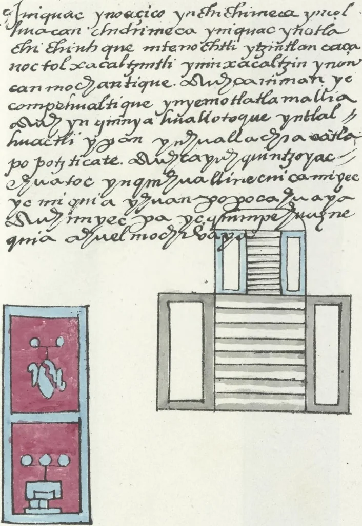 An illustration from Histoire de la nation Mexicaine, depuis le départ d'Aztlan jusqu'à l'arrivée des conquérants espanols (et au delà 1607) : manuscrit figuratif acompagné de texte en langue Nahuatl ou Mexicaine suivi d'une traduction en français, 1893, leaf 60