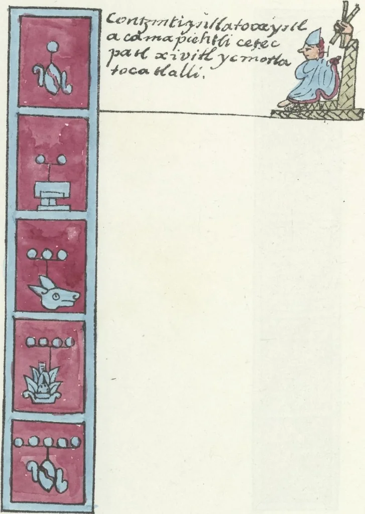 An illustration from Histoire de la nation Mexicaine, depuis le départ d'Aztlan jusqu'à l'arrivée des conquérants espanols (et au delà 1607) : manuscrit figuratif acompagné de texte en langue Nahuatl ou Mexicaine suivi d'une traduction en français, 1893, leaf 63