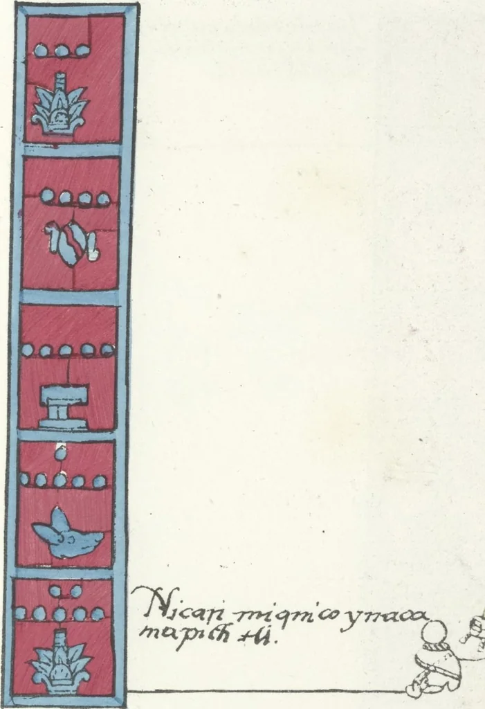 An illustration from Histoire de la nation Mexicaine, depuis le départ d'Aztlan jusqu'à l'arrivée des conquérants espanols (et au delà 1607) : manuscrit figuratif acompagné de texte en langue Nahuatl ou Mexicaine suivi d'une traduction en français, 1893, leaf 66