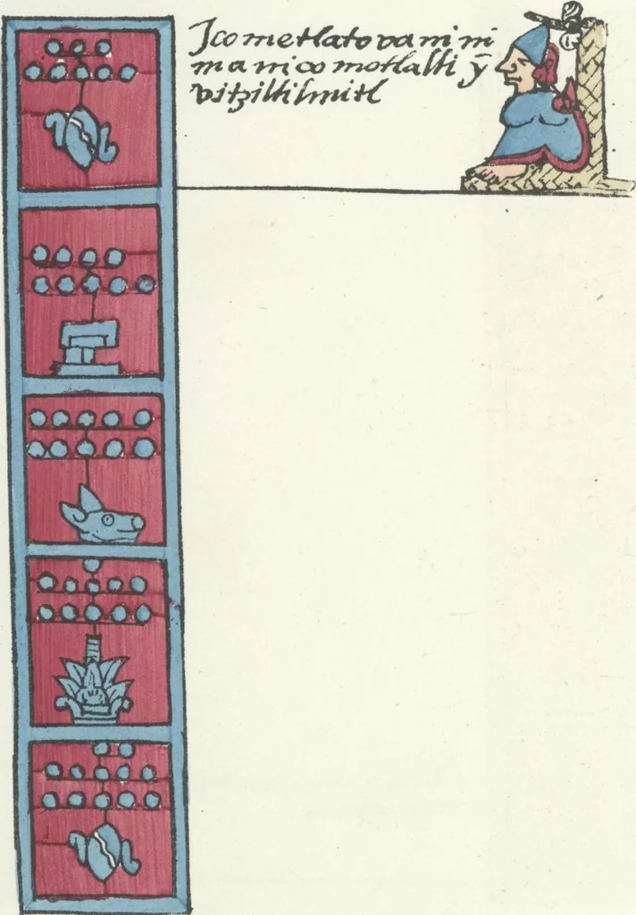 An illustration from Histoire de la nation Mexicaine, depuis le départ d'Aztlan jusqu'à l'arrivée des conquérants espanols (et au delà 1607) : manuscrit figuratif acompagné de texte en langue Nahuatl ou Mexicaine suivi d'une traduction en français, 1893, leaf 67