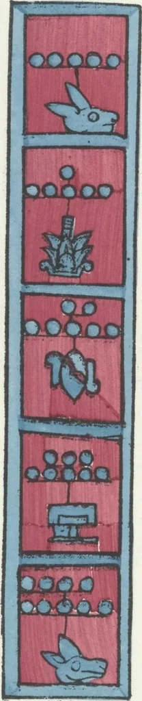 An illustration from Histoire de la nation Mexicaine, depuis le départ d'Aztlan jusqu'à l'arrivée des conquérants espanols (et au delà 1607) : manuscrit figuratif acompagné de texte en langue Nahuatl ou Mexicaine suivi d'une traduction en français, 1893, leaf 69