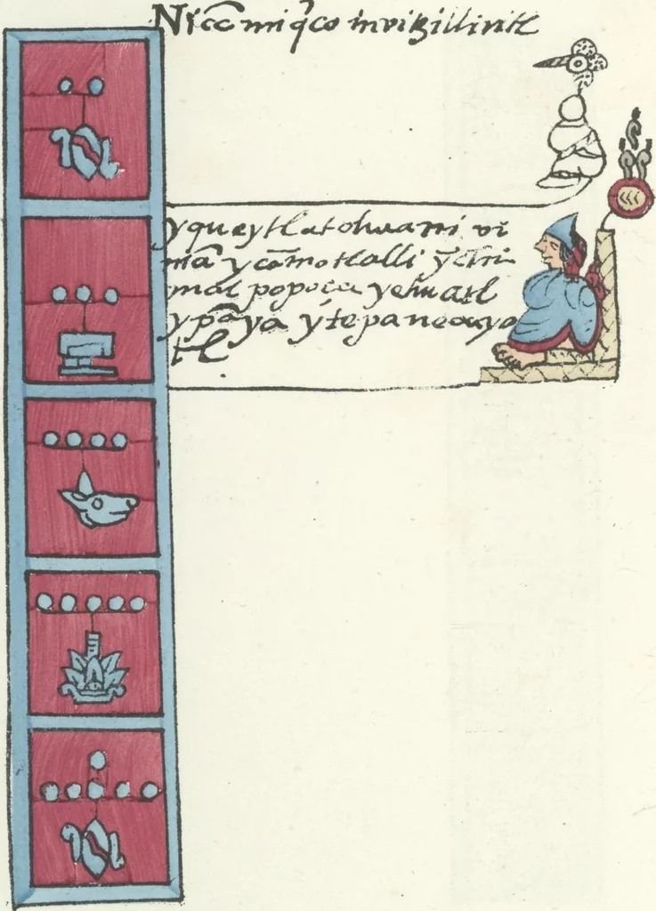 An illustration from Histoire de la nation Mexicaine, depuis le départ d'Aztlan jusqu'à l'arrivée des conquérants espanols (et au delà 1607) : manuscrit figuratif acompagné de texte en langue Nahuatl ou Mexicaine suivi d'une traduction en français, 1893, leaf 71