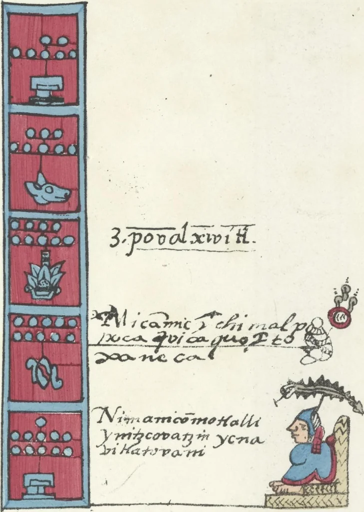 An illustration from Histoire de la nation Mexicaine, depuis le départ d'Aztlan jusqu'à l'arrivée des conquérants espanols (et au delà 1607) : manuscrit figuratif acompagné de texte en langue Nahuatl ou Mexicaine suivi d'une traduction en français, 1893, leaf 72