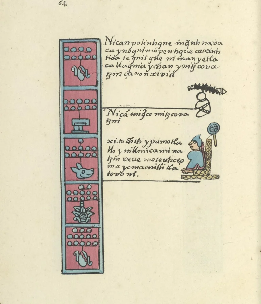 An illustration from Histoire de la nation Mexicaine, depuis le départ d'Aztlan jusqu'à l'arrivée des conquérants espanols (et au delà 1607) : manuscrit figuratif acompagné de texte en langue Nahuatl ou Mexicaine suivi d'une traduction en français, 1893, leaf 75