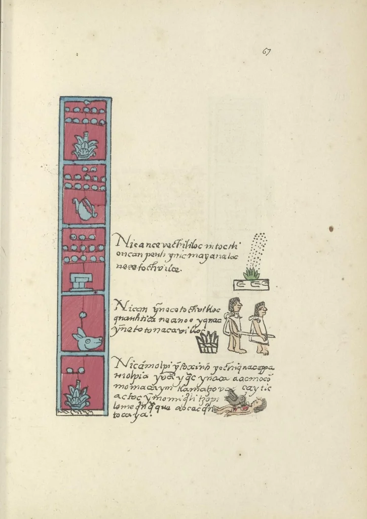 An illustration from Histoire de la nation Mexicaine, depuis le départ d'Aztlan jusqu'à l'arrivée des conquérants espanols (et au delà 1607) : manuscrit figuratif acompagné de texte en langue Nahuatl ou Mexicaine suivi d'une traduction en français, 1893, leaf 78