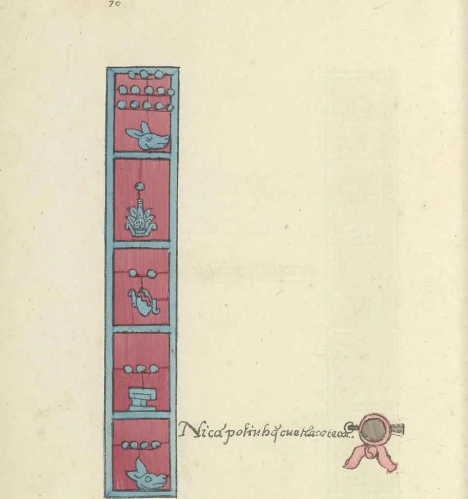 An illustration from Histoire de la nation Mexicaine, depuis le départ d'Aztlan jusqu'à l'arrivée des conquérants espanols (et au delà 1607) : manuscrit figuratif acompagné de texte en langue Nahuatl ou Mexicaine suivi d'une traduction en français, 1893, leaf 81