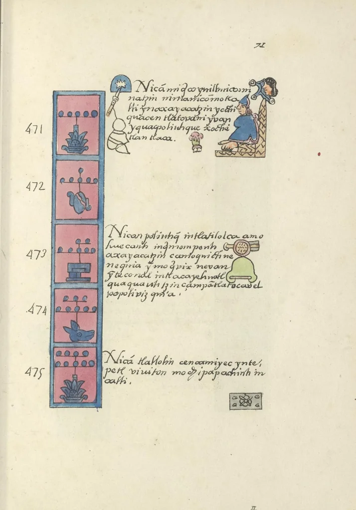 An illustration from Histoire de la nation Mexicaine, depuis le départ d'Aztlan jusqu'à l'arrivée des conquérants espanols (et au delà 1607) : manuscrit figuratif acompagné de texte en langue Nahuatl ou Mexicaine suivi d'une traduction en français, 1893, leaf 82