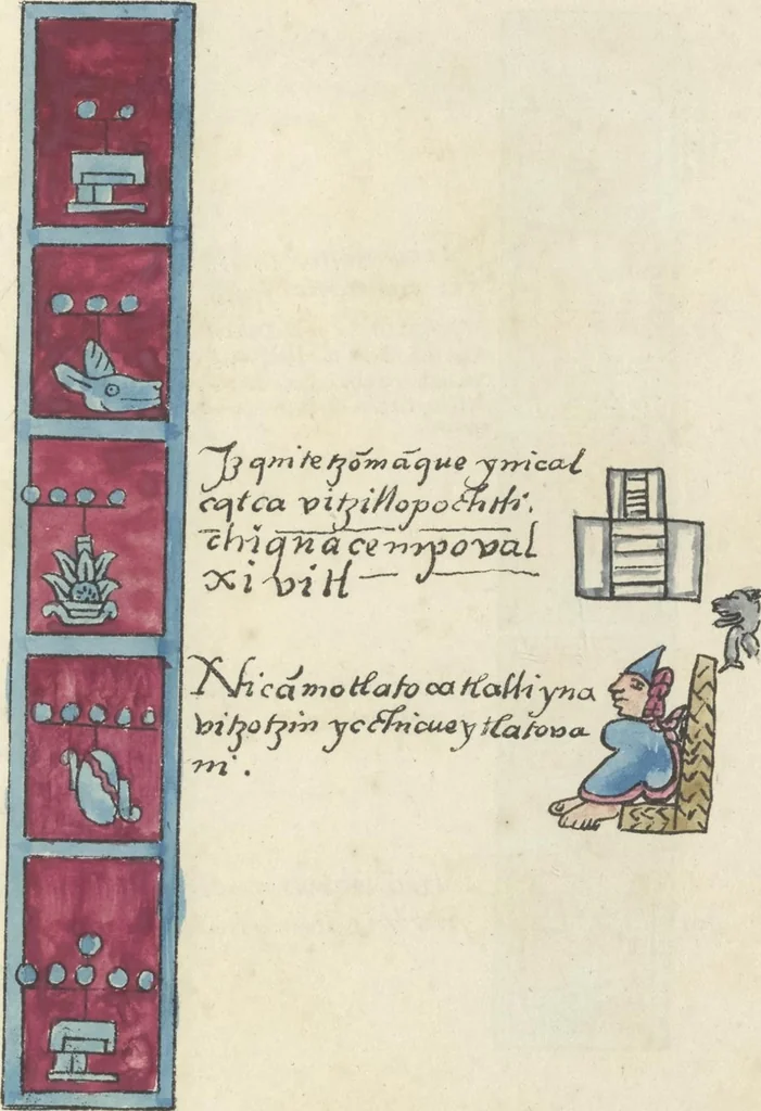 An illustration from Histoire de la nation Mexicaine, depuis le départ d'Aztlan jusqu'à l'arrivée des conquérants espanols (et au delà 1607) : manuscrit figuratif acompagné de texte en langue Nahuatl ou Mexicaine suivi d'une traduction en français, 1893, leaf 84