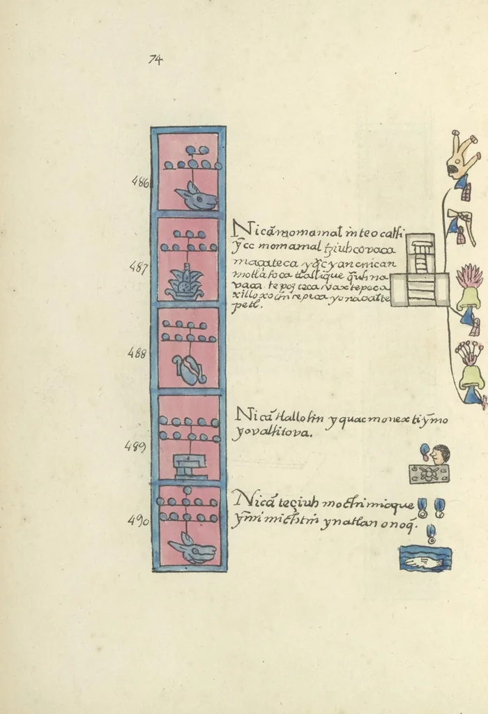 An illustration from Histoire de la nation Mexicaine, depuis le départ d'Aztlan jusqu'à l'arrivée des conquérants espanols (et au delà 1607) : manuscrit figuratif acompagné de texte en langue Nahuatl ou Mexicaine suivi d'une traduction en français, 1893, leaf 85