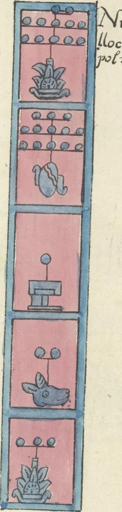 An illustration from Histoire de la nation Mexicaine, depuis le départ d'Aztlan jusqu'à l'arrivée des conquérants espanols (et au delà 1607) : manuscrit figuratif acompagné de texte en langue Nahuatl ou Mexicaine suivi d'une traduction en français, 1893, leaf 86