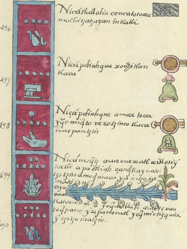 An illustration from Histoire de la nation Mexicaine, depuis le départ d'Aztlan jusqu'à l'arrivée des conquérants espanols (et au delà 1607) : manuscrit figuratif acompagné de texte en langue Nahuatl ou Mexicaine suivi d'une traduction en français, 1893, leaf 87
