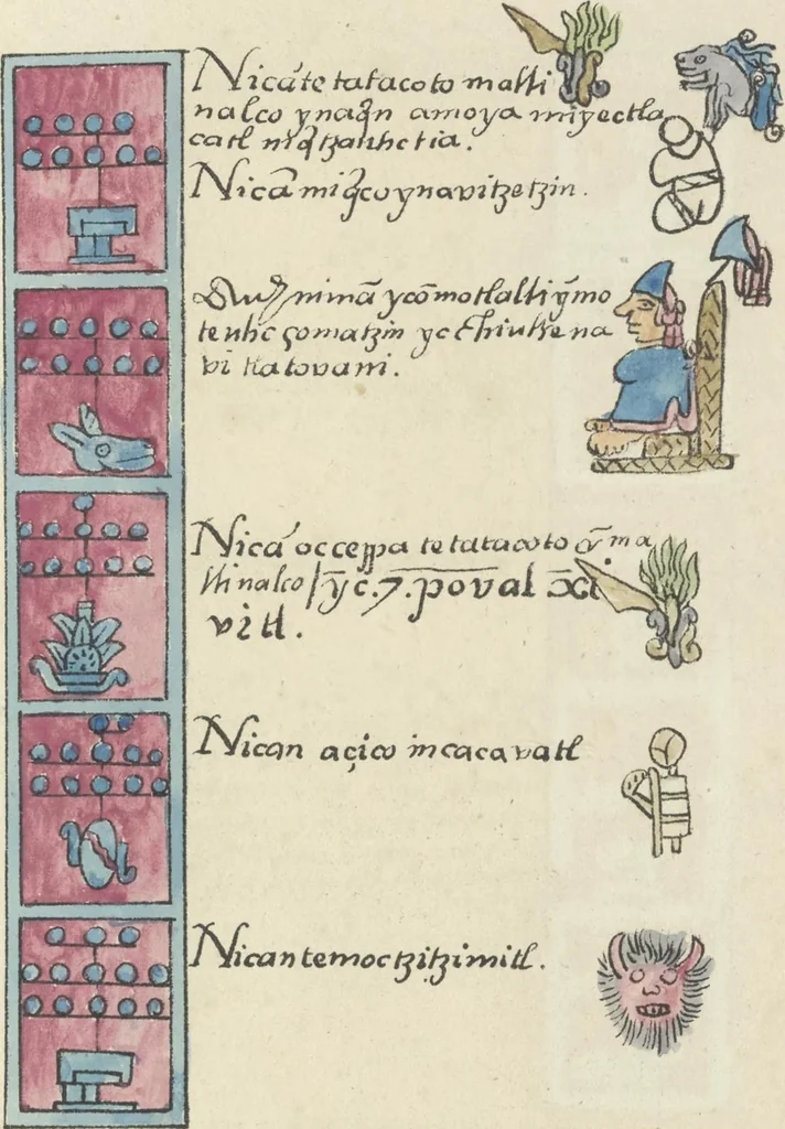 An illustration from Histoire de la nation Mexicaine, depuis le départ d'Aztlan jusqu'à l'arrivée des conquérants espanols (et au delà 1607) : manuscrit figuratif acompagné de texte en langue Nahuatl ou Mexicaine suivi d'une traduction en français, 1893, leaf 88