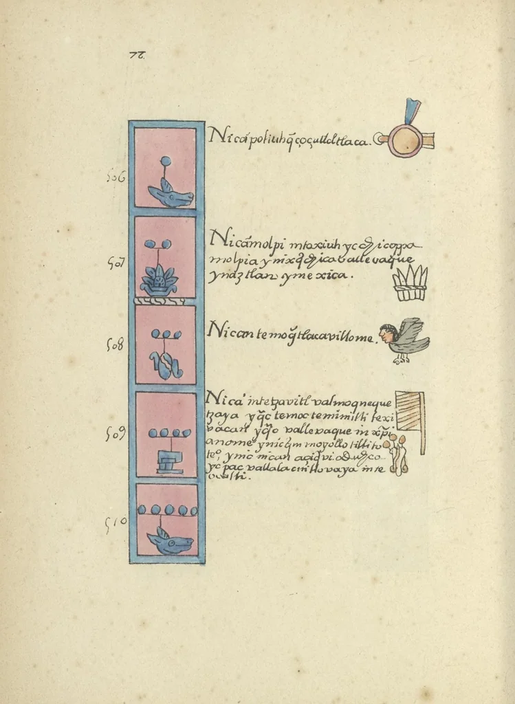 An illustration from Histoire de la nation Mexicaine, depuis le départ d'Aztlan jusqu'à l'arrivée des conquérants espanols (et au delà 1607) : manuscrit figuratif acompagné de texte en langue Nahuatl ou Mexicaine suivi d'une traduction en français, 1893, leaf 89