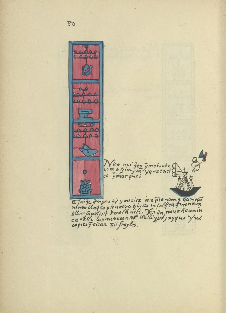 An illustration from Histoire de la nation Mexicaine, depuis le départ d'Aztlan jusqu'à l'arrivée des conquérants espanols (et au delà 1607) : manuscrit figuratif acompagné de texte en langue Nahuatl ou Mexicaine suivi d'une traduction en français, 1893, leaf 91