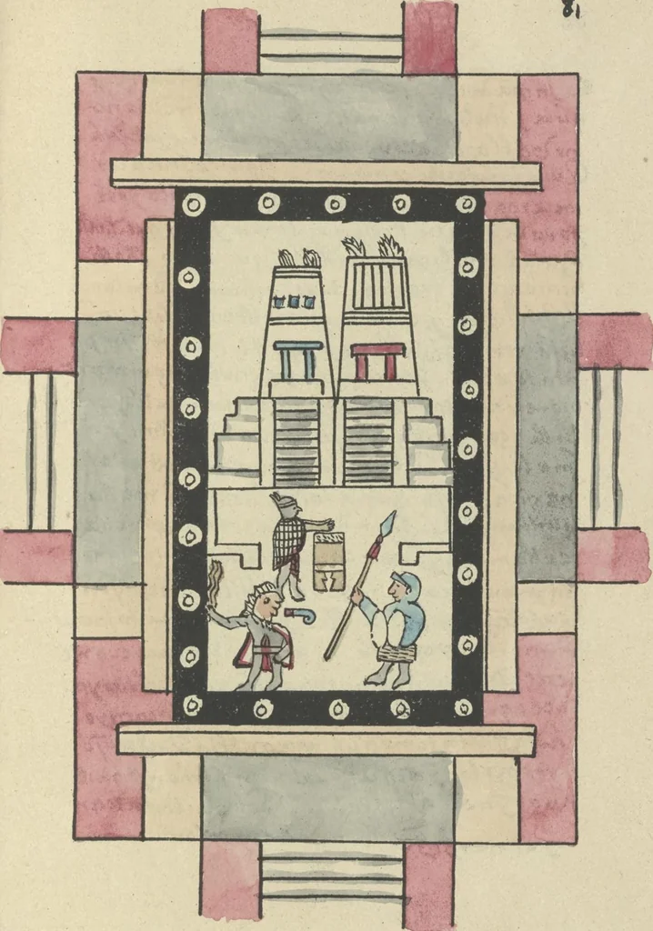 An illustration from Histoire de la nation Mexicaine, depuis le départ d'Aztlan jusqu'à l'arrivée des conquérants espanols (et au delà 1607) : manuscrit figuratif acompagné de texte en langue Nahuatl ou Mexicaine suivi d'une traduction en français, 1893, leaf 92