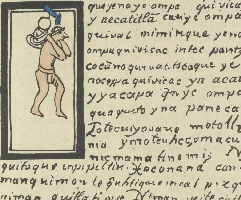 An illustration from Histoire de la nation Mexicaine, depuis le départ d'Aztlan jusqu'à l'arrivée des conquérants espanols (et au delà 1607) : manuscrit figuratif acompagné de texte en langue Nahuatl ou Mexicaine suivi d'une traduction en français, 1893, leaf 96