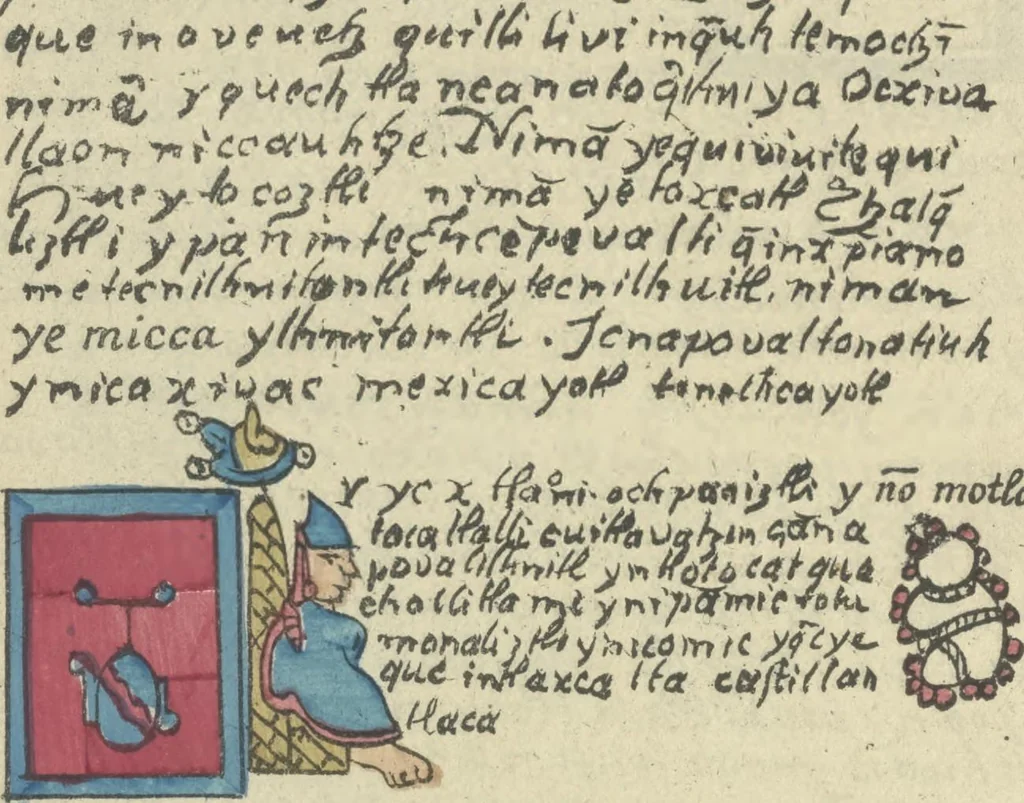 An illustration from Histoire de la nation Mexicaine, depuis le départ d'Aztlan jusqu'à l'arrivée des conquérants espanols (et au delà 1607) : manuscrit figuratif acompagné de texte en langue Nahuatl ou Mexicaine suivi d'une traduction en français, 1893, leaf 97