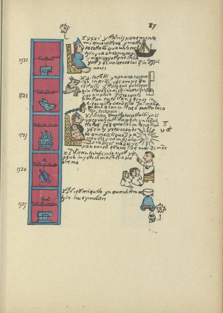 An illustration from Histoire de la nation Mexicaine, depuis le départ d'Aztlan jusqu'à l'arrivée des conquérants espanols (et au delà 1607) : manuscrit figuratif acompagné de texte en langue Nahuatl ou Mexicaine suivi d'une traduction en français, 1893, leaf 98