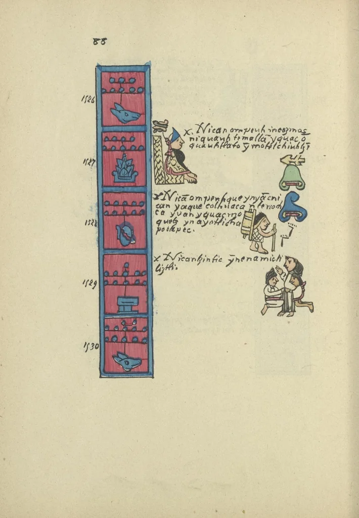 An illustration from Histoire de la nation Mexicaine, depuis le départ d'Aztlan jusqu'à l'arrivée des conquérants espanols (et au delà 1607) : manuscrit figuratif acompagné de texte en langue Nahuatl ou Mexicaine suivi d'une traduction en français, 1893, leaf 99