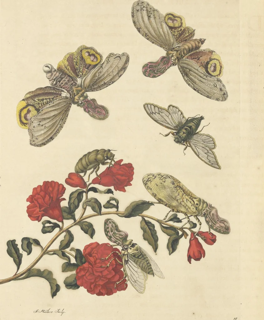 An illustration from Metamorphosis insectorum surinamensium. Ofte verandering der Surinaamsche insecten. Waar in de Surinaamsche rupsen en wormen met alle des zelfs veranderingen na het leven afgebeeld en beschreeven worden, zynde elk geplaast op die gewassen, bloemen en vruchten, daar sy op gevonden zyn; waar in ook de generatie der kikvorschen, wonderbaare padden, hagedissen, slangen, spinnen en mieren werden vertoond en beschreeven, alles in America na het leven en levensgroote geschildert en beschreeven, 1705, leaf 156