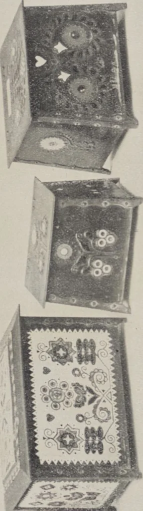An illustration from Vulkania, Prostějov. Odděleni I., Dekorativní a praktické umělecké́ předměty pro výzdobu bytu = Section I. Objets d'art en métal pratiques et décoratifs pour l'ornement du logis, 1907, leaf 18