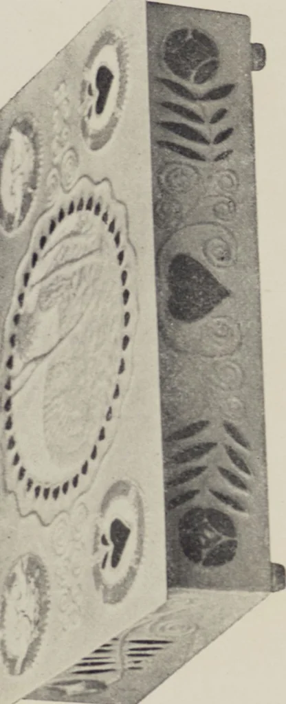An illustration from Vulkania, Prostějov. Odděleni I., Dekorativní a praktické umělecké́ předměty pro výzdobu bytu = Section I. Objets d'art en métal pratiques et décoratifs pour l'ornement du logis, 1907, leaf 20