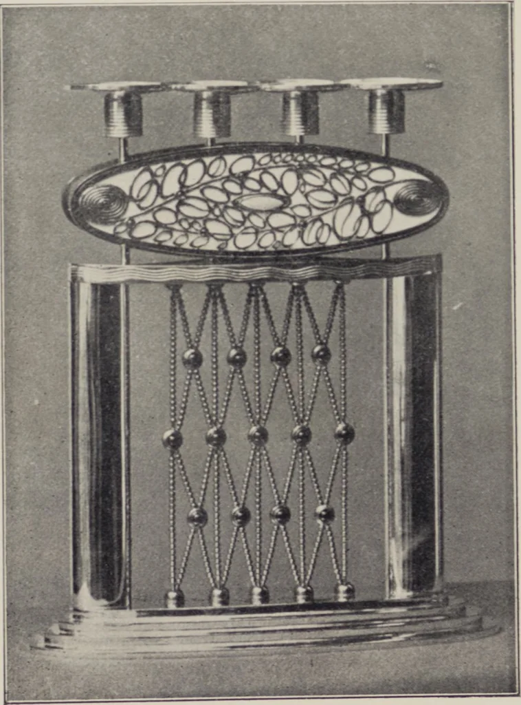 An illustration from Vulkania, Prostějov. Odděleni I., Dekorativní a praktické umělecké́ předměty pro výzdobu bytu = Section I. Objets d'art en métal pratiques et décoratifs pour l'ornement du logis, 1907, leaf 21