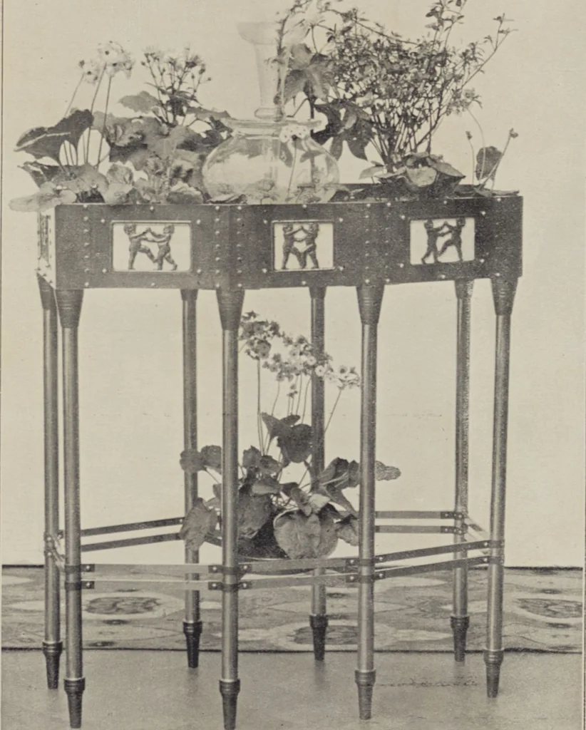An illustration from Vulkania, Prostějov. Odděleni I., Dekorativní a praktické umělecké́ předměty pro výzdobu bytu = Section I. Objets d'art en métal pratiques et décoratifs pour l'ornement du logis, 1907, leaf 30