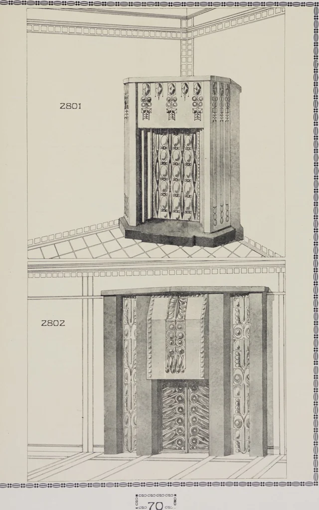 An illustration from Vulkania, Prostějov. Odděleni I., Dekorativní a praktické umělecké́ předměty pro výzdobu bytu = Section I. Objets d'art en métal pratiques et décoratifs pour l'ornement du logis, 1907, leaf 36