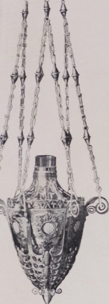 An illustration from Vulkania, Prostějov. Odděleni I., Dekorativní a praktické umělecké́ předměty pro výzdobu bytu = Section I. Objets d'art en métal pratiques et décoratifs pour l'ornement du logis, 1907, leaf 45