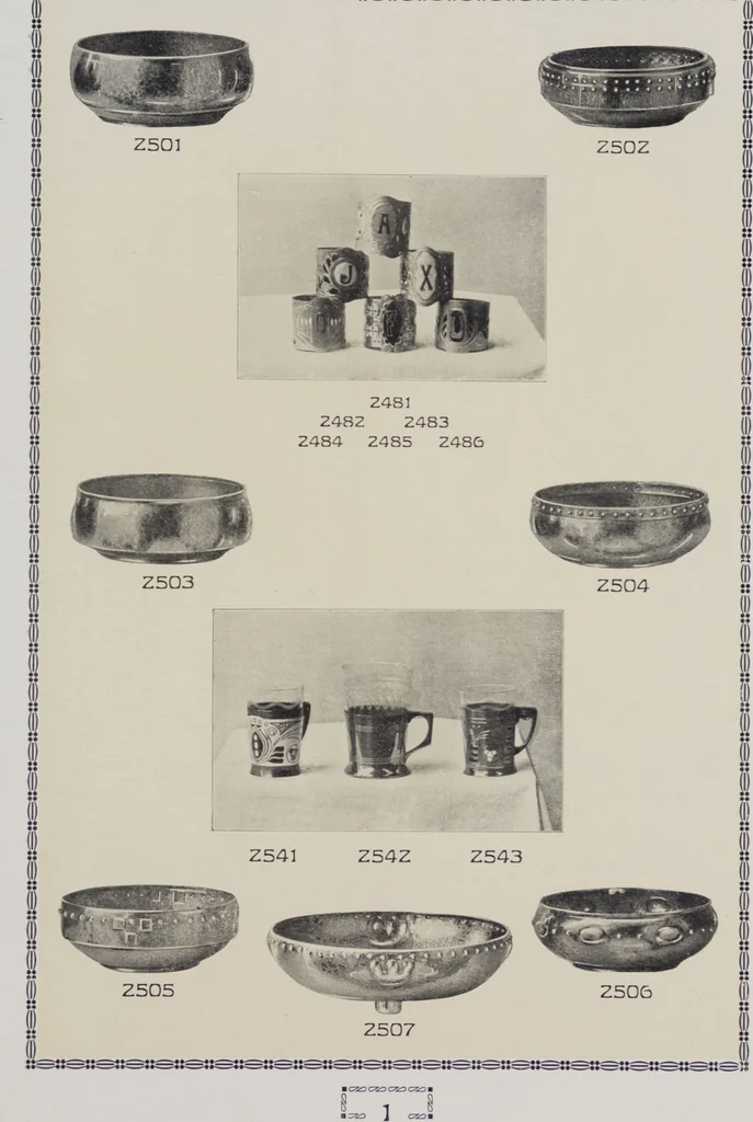 An illustration from Vulkania, Prostějov. Odděleni I., Dekorativní a praktické umělecké́ předměty pro výzdobu bytu = Section I. Objets d'art en métal pratiques et décoratifs pour l'ornement du logis, 1907, leaf 5
