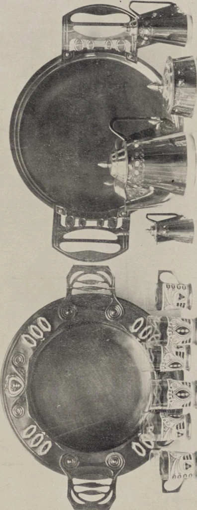 An illustration from Vulkania, Prostějov. Odděleni I., Dekorativní a praktické umělecké́ předměty pro výzdobu bytu = Section I. Objets d'art en métal pratiques et décoratifs pour l'ornement du logis, 1907, leaf 7