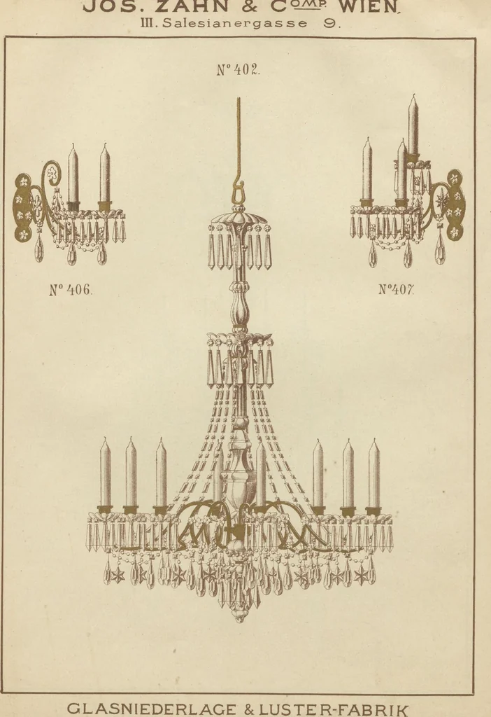 An illustration from Glas-Fabriks-Niederlage und Luster-Fabrik : Jos. Zahn & Comp., Wien, III. Salesianergasse 9, 1892, leaf 14