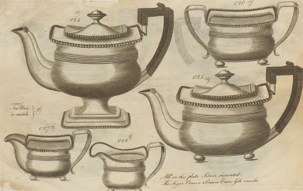 An illustration from Engraved pattern book or trade catalogue of Sheffield plate, including cruet, soy frames, dinnerware, soup tureens, sauce boats, platters, coasters, salt cellars, mustard pots, serving pieces, utensils, cake baskets, tea urns, candlesticks, candelabra, oil lamps, snuffers and more, 1800, leaf 10