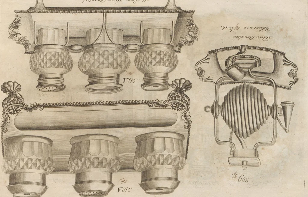 An illustration from Engraved pattern book or trade catalogue of Sheffield plate, including cruet, soy frames, dinnerware, soup tureens, sauce boats, platters, coasters, salt cellars, mustard pots, serving pieces, utensils, cake baskets, tea urns, candlesticks, candelabra, oil lamps, snuffers and more, 1800, leaf 100
