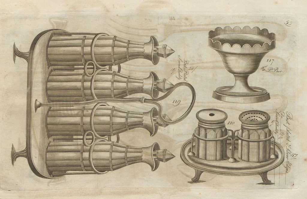 An illustration from Engraved pattern book or trade catalogue of Sheffield plate, including cruet, soy frames, dinnerware, soup tureens, sauce boats, platters, coasters, salt cellars, mustard pots, serving pieces, utensils, cake baskets, tea urns, candlesticks, candelabra, oil lamps, snuffers and more, 1800, leaf 101