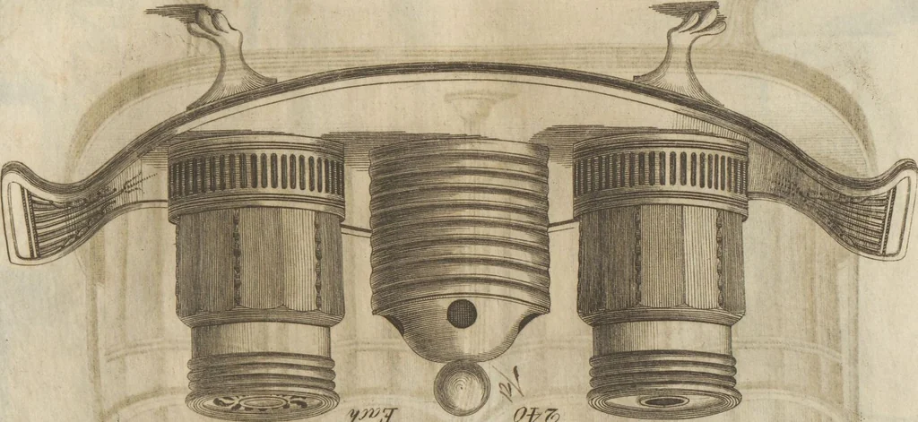 An illustration from Engraved pattern book or trade catalogue of Sheffield plate, including cruet, soy frames, dinnerware, soup tureens, sauce boats, platters, coasters, salt cellars, mustard pots, serving pieces, utensils, cake baskets, tea urns, candlesticks, candelabra, oil lamps, snuffers and more, 1800, leaf 102