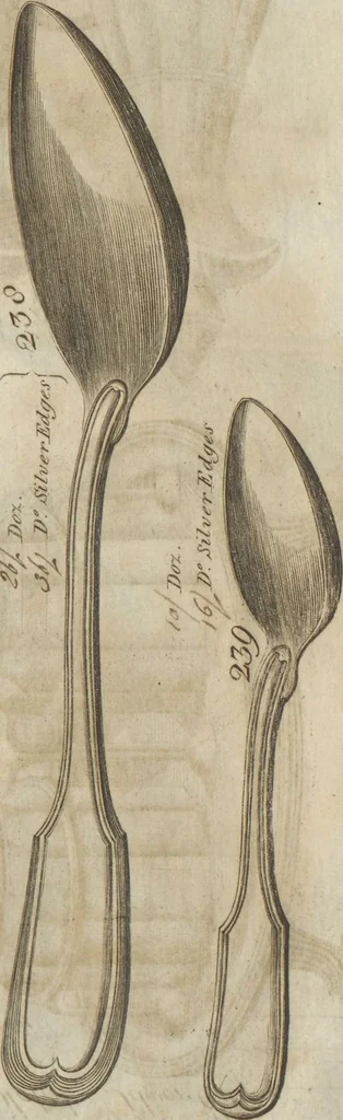 An illustration from Engraved pattern book or trade catalogue of Sheffield plate, including cruet, soy frames, dinnerware, soup tureens, sauce boats, platters, coasters, salt cellars, mustard pots, serving pieces, utensils, cake baskets, tea urns, candlesticks, candelabra, oil lamps, snuffers and more, 1800, leaf 102