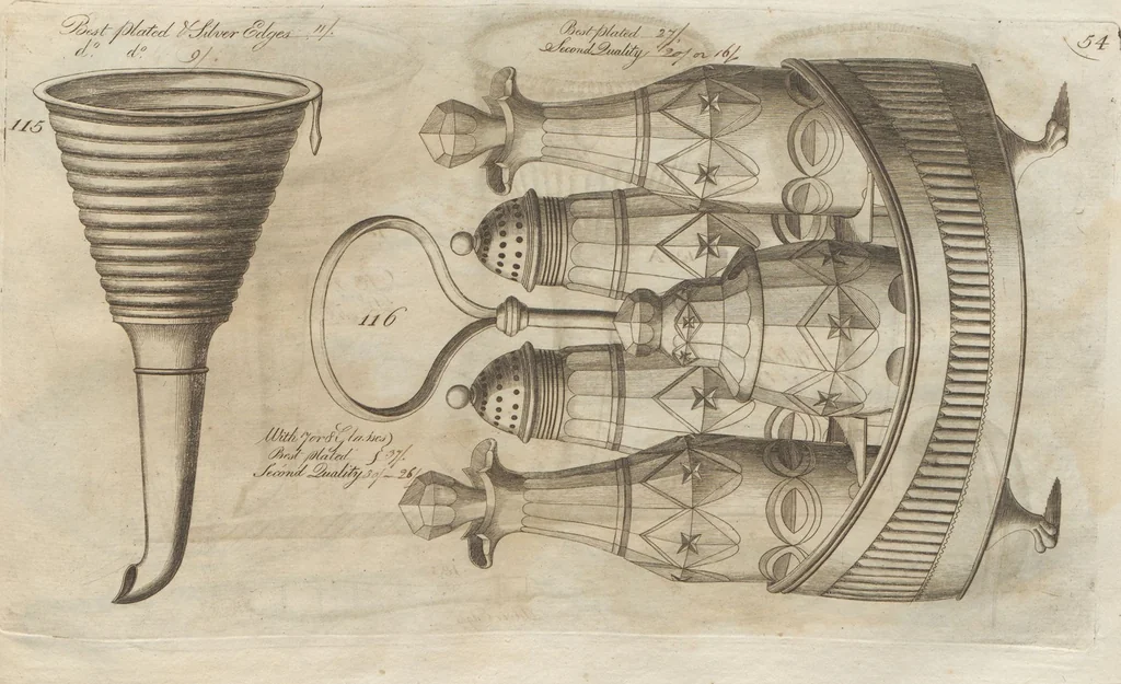 An illustration from Engraved pattern book or trade catalogue of Sheffield plate, including cruet, soy frames, dinnerware, soup tureens, sauce boats, platters, coasters, salt cellars, mustard pots, serving pieces, utensils, cake baskets, tea urns, candlesticks, candelabra, oil lamps, snuffers and more, 1800, leaf 103