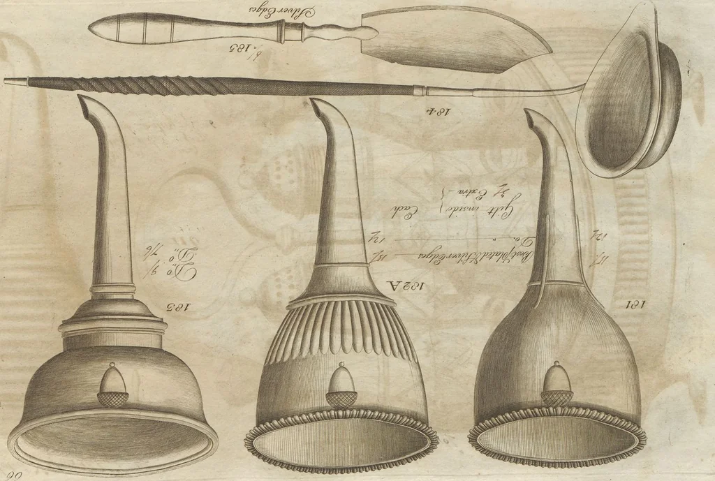 An illustration from Engraved pattern book or trade catalogue of Sheffield plate, including cruet, soy frames, dinnerware, soup tureens, sauce boats, platters, coasters, salt cellars, mustard pots, serving pieces, utensils, cake baskets, tea urns, candlesticks, candelabra, oil lamps, snuffers and more, 1800, leaf 104