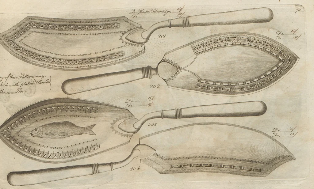 An illustration from Engraved pattern book or trade catalogue of Sheffield plate, including cruet, soy frames, dinnerware, soup tureens, sauce boats, platters, coasters, salt cellars, mustard pots, serving pieces, utensils, cake baskets, tea urns, candlesticks, candelabra, oil lamps, snuffers and more, 1800, leaf 105