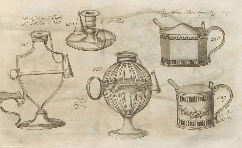 An illustration from Engraved pattern book or trade catalogue of Sheffield plate, including cruet, soy frames, dinnerware, soup tureens, sauce boats, platters, coasters, salt cellars, mustard pots, serving pieces, utensils, cake baskets, tea urns, candlesticks, candelabra, oil lamps, snuffers and more, 1800, leaf 107